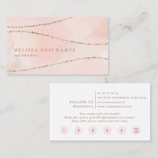 Roze Waterverf Gold Glitter Trail Loyalty-kaart Klantenkaartje (Voorkant / Achterkant)