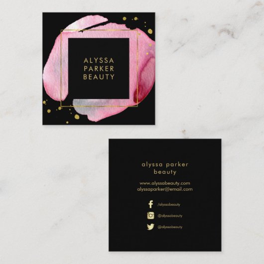 Roze Waterverf Gold Splash | Zwarte sociale media Vierkante Visitekaartje (Voorkant / Achterkant)