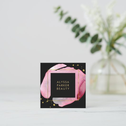 Roze Waterverf Gold Splash | Zwarte sociale media Vierkante Visitekaartje (Staand voorkant)