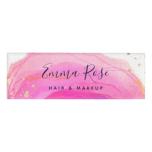 Roze Waterverf Gold Splatter Salon Employee Name Naambadge (Voorkant)