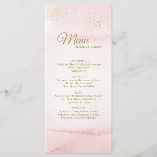 Roze Waterverf Gold Type bruiloft Menu (Voorkant)