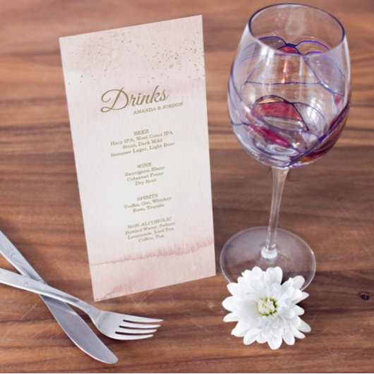 Roze Waterverf Gold Type Wedding Drink Menu