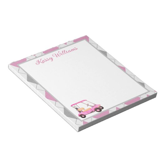 Roze Waterverf golfkar Naam Notitieblok (Schuin)