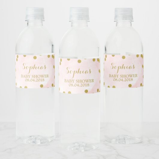 Roze Waterverf Goud Confetti Baby shower Waterfles Etiket (Flessen)