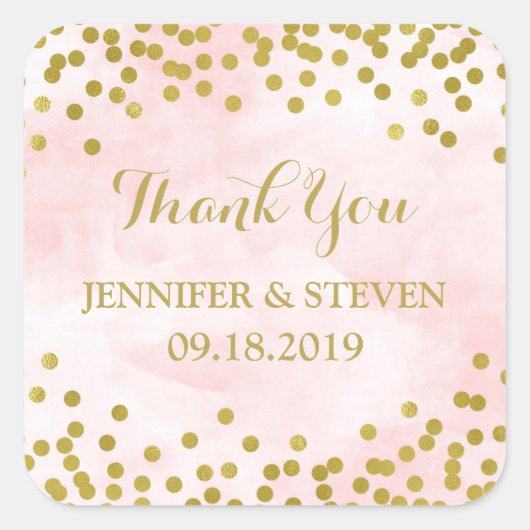 Roze Waterverf Goud Confetti Bruiloft Label (Voorkant)