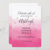 Roze Waterverf Goud Confetti Ombre Verjaardag Kaart (Voorkant / Achterkant)