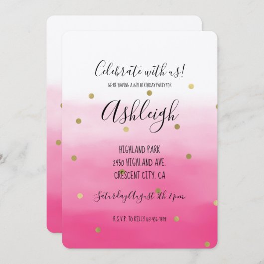 Roze Waterverf Goud Confetti Ombre Verjaardag Kaart (Voorkant / Achterkant)