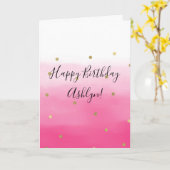 Roze Waterverf Goud Confetti Ombre Verjaardag Kaart (Gele Bloem)