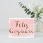 Roze waterverf goud glitters Feliz Cumpleanos Briefkaart (Staand voorkant)