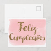 Roze waterverf goud glitters Feliz Cumpleanos Briefkaart (Voorkant / Achterkant)