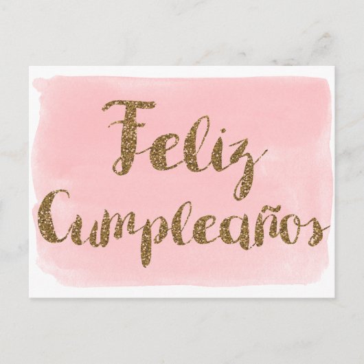 Roze waterverf goud glitters Feliz Cumpleanos Briefkaart (Voorkant)
