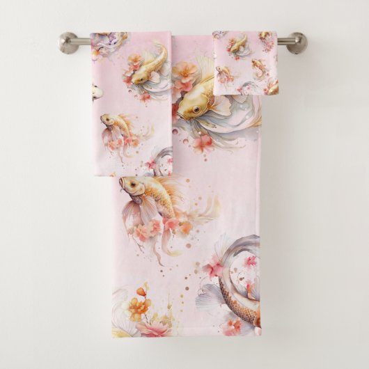 Roze Waterverf Goud Koi Vis Bloemen Bad Handdoek (Insitu)