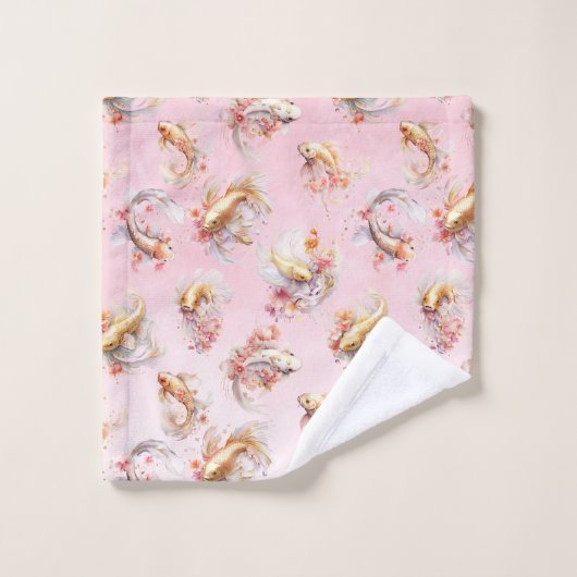 Roze Waterverf Goud Koi Vis Bloemen Bad Handdoek (Wasdoekje)