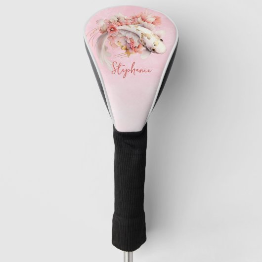Roze Waterverf Goud Koi Vis Bloemen Gepersonalisee Golfheadcover (Voorkant)