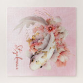 Roze Waterverf Goud Koi Vis Bloemen Gepersonalisee Legpuzzel (Horizontaal)