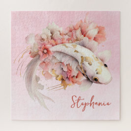 Roze Waterverf Goud Koi Vis Bloemen Gepersonalisee Legpuzzel