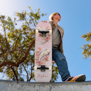 Roze Waterverf Goud Koi Vis Bloemen Gepersonalisee Persoonlijk Skateboard