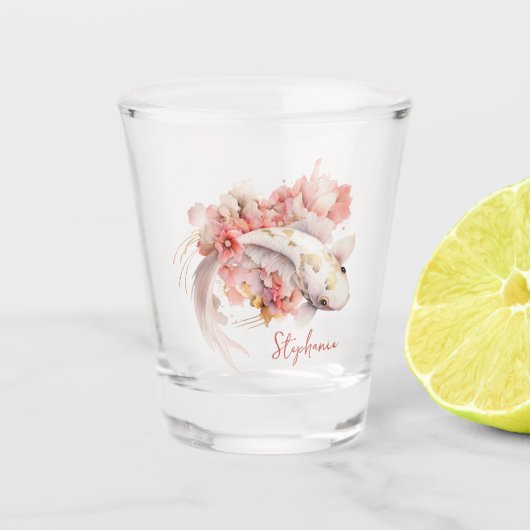 Roze Waterverf Goud Koi Vis Bloemen Gepersonalisee Shot Glas (Voorkant)