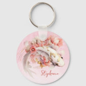 Roze Waterverf Goud Koi Vis Bloemen Gepersonalisee Sleutelhanger (Voorkant)