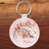 Roze Waterverf Goud Koi Vis Bloemen Gepersonalisee Sleutelhanger (Voorkant)