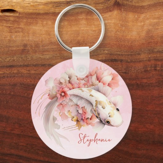 Roze Waterverf Goud Koi Vis Bloemen Gepersonalisee Sleutelhanger (Voorkant)
