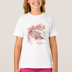 Roze Waterverf Goud Koi Vis Bloemen Gepersonalisee T-shirt