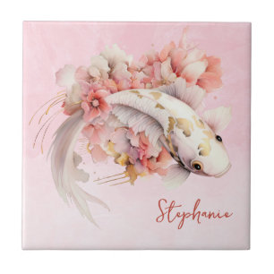 Roze Waterverf Goud Koi Vis Bloemen Gepersonalisee Tegeltje