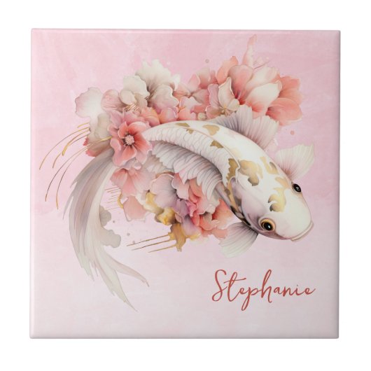 Roze Waterverf Goud Koi Vis Bloemen Gepersonalisee Tegeltje (Voorkant)