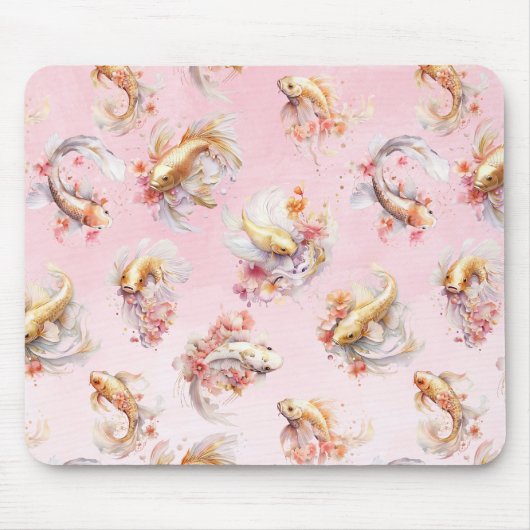 Roze Waterverf Goud Koi Vis Bloemen Muismat (Voorkant)