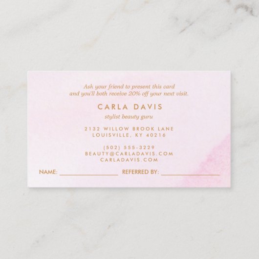 Roze Waterverf Gouden Cirkel Modern Aanbevelingskaartje (Achterkant)