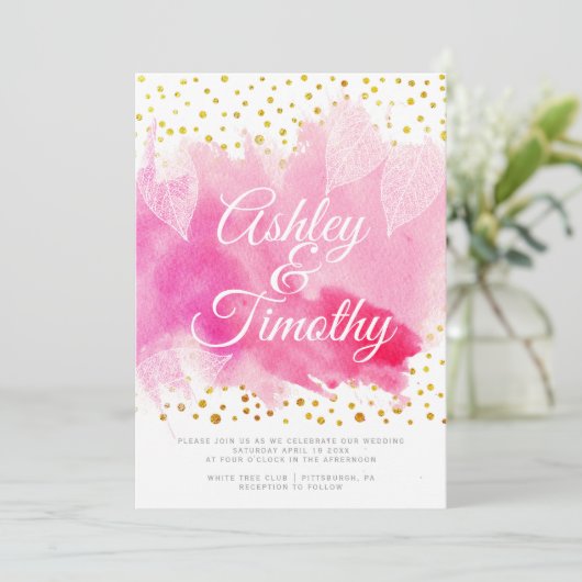 Roze waterverf, gouden confetti calligrafie bruilo kaart (Staand voorkant)