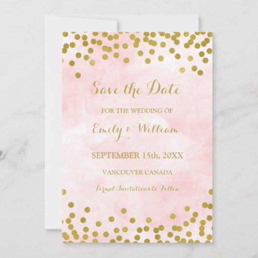 Roze Waterverf Gouden Confetti Foto Save the Date (Voorkant)