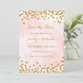 Roze Waterverf Gouden Confetti Foto Save the Date (Staand voorkant)