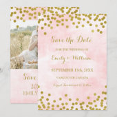 Roze Waterverf Gouden Confetti Foto Save the Date (Voorkant / Achterkant)