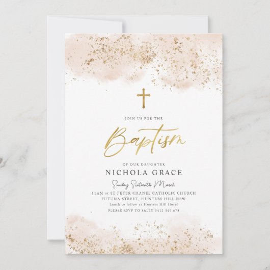 Roze Waterverf Gouden Kruis Gir Doopdoop Kaart (Voorkant)