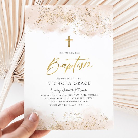 Roze Waterverf Gouden Kruis Gir Doopdoop Kaart