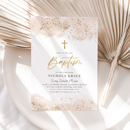 Roze Waterverf Gouden Kruis Gir Doopdoop Kaart