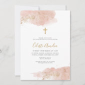 Roze Waterverf Gouden Kruis Meisjes Doop Kaart (Voorkant)