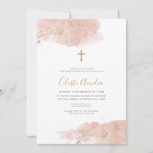 Roze Waterverf Gouden Kruis Meisjes Doop Kaart (Voorkant)