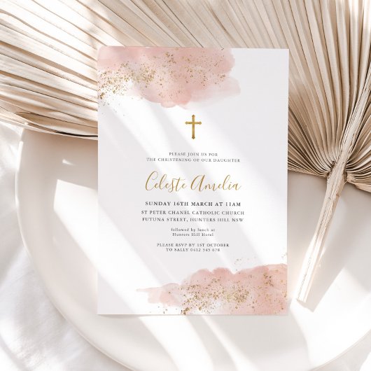 Roze Waterverf Gouden Kruis Meisjes Doop Kaart