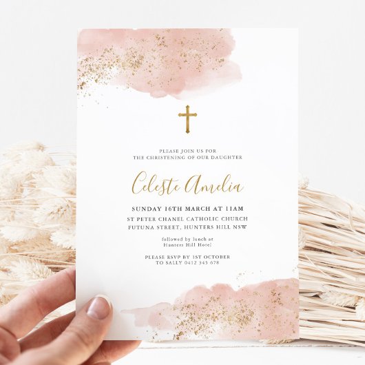 Roze Waterverf Gouden Kruis Meisjes Doop Kaart