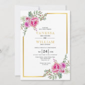 Roze waterverf, gouden lijst bloemenbruiloft kaart (Voorkant)