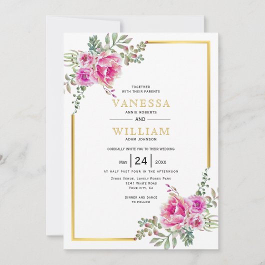 Roze waterverf, gouden lijst bloemenbruiloft kaart (Voorkant)