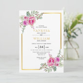 Roze waterverf, gouden lijst bloemenbruiloft kaart (Staand voorkant)
