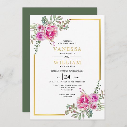Roze waterverf, gouden lijst bloemenbruiloft kaart (Voorkant / Achterkant)