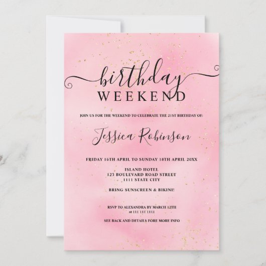 Roze waterverf goudglitter verjaardagsprogramma kaart (Voorkant)