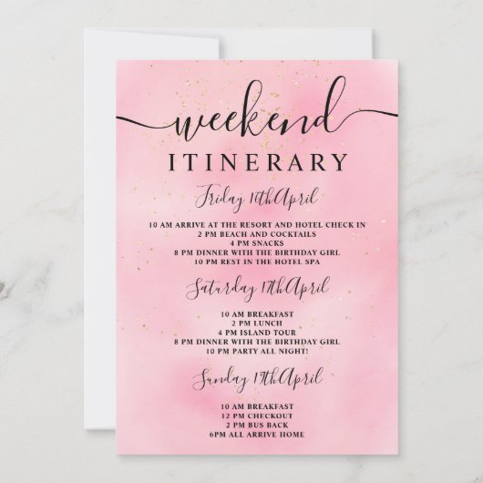 Roze waterverf goudglitter verjaardagsprogramma kaart (Achterkant)