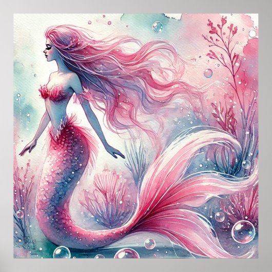Roze Waterverf Grote Zeemeermin Wall Art Posters (Voorkant)