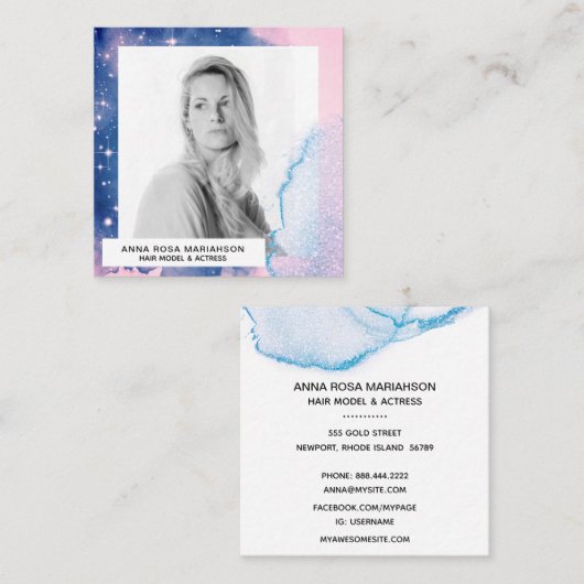 *~* Roze Waterverf Haar Model Actrice Blauwe FOTO Vierkante Visitekaartje (Voorkant / Achterkant)