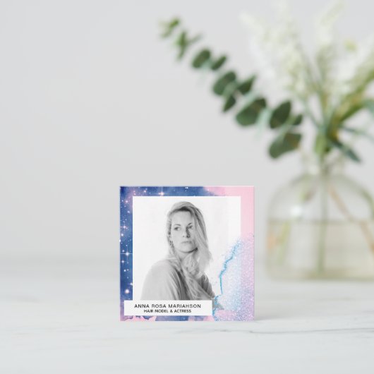 *~* Roze Waterverf Haar Model Actrice Blauwe FOTO Vierkante Visitekaartje (Staand voorkant)